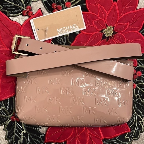 Brand New Michael Kors Logo Debossed Zippered Belt Bag in Fawn Shiny Neutral main image 12